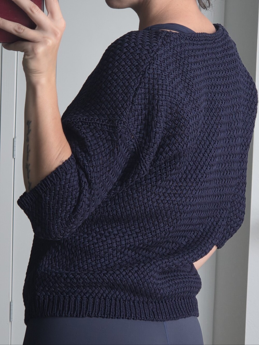 Massimo Dutti Open Knit Short Sleeve Sweater, Navy, Medium V-neck, Made In Italy